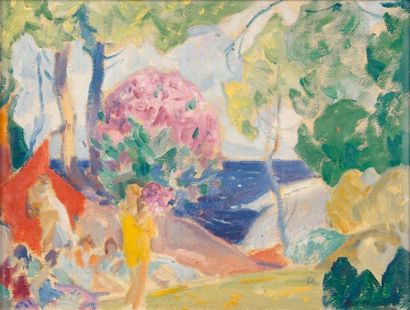PAUL CHARAVEL Femme dans un jardin au bord de mer Huile sur toile 23,5 x 30,5 cm