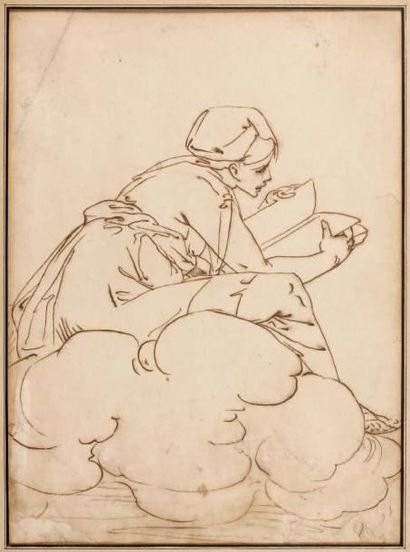 ATELIER DE LUCA CAMBIASO (1527-1585) Etude de figure lisant assise sur un nuage Plume...