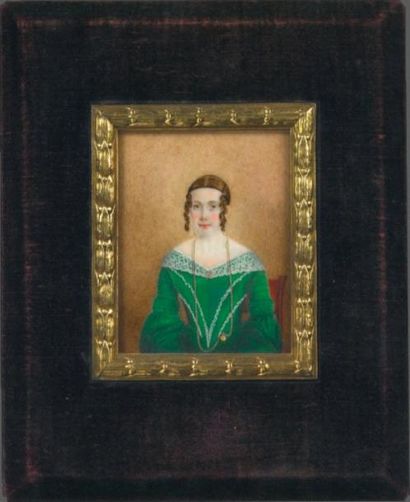 ECOLE FRANÇAISE VERS 1830 Portrait de jeune fille à la robe de soie vert-émeraude...