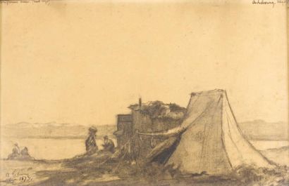 ALBERT LEBOURG (1849-1928) Personnages près d'une tente, Alger 1873 Fusain sur papier...