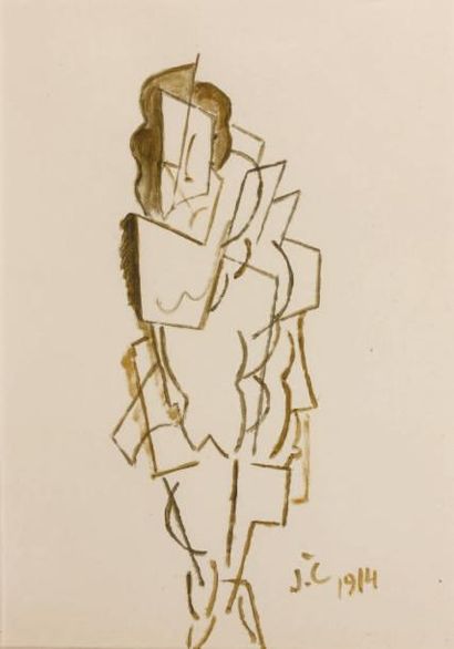 JOSEF CAPEK (1887-1945) Femme cubiste en pied Crayon aquarellé sur papier Monogrammé...