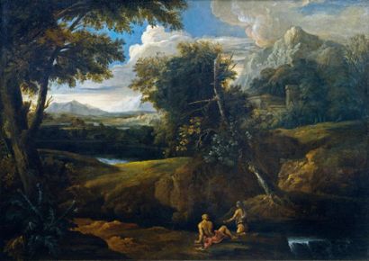 GASPARD DUGHET (ROME 1615 - 1675) ATTRIBUÉ À Personnages au bord d'une cascade dans...