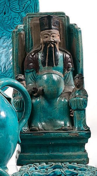 CHINE Époque Kangxi (1662-1722) Guandi assis en grès émaillé bleu turquoise et manganèse...
