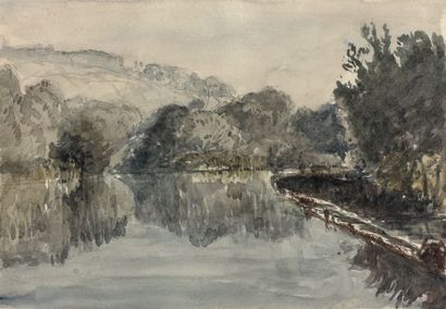 Paul HUET (1803-1869) 
Bords de rivière, la Rance
Aquarelle
Cachet en bas à droite
17...