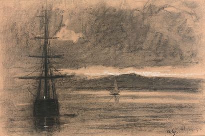 ALBERT LEBOURG (1849-1928) 
Voilier au crépuscule
Fusain et craie blanche sur papier...