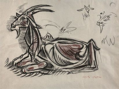 André MASSON (1896-1987) 
Chèvre couchée
Pastels noir et brun sur papier gris (Trace...