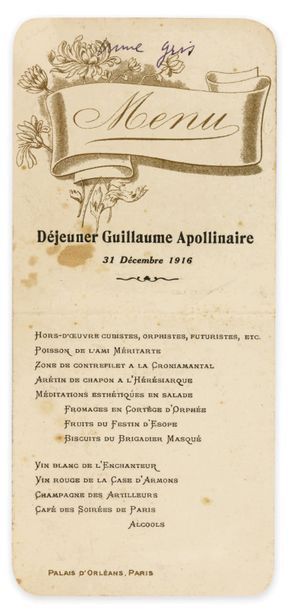 [APOLLINAIRE] DÉJEUNER GUILLAUME APOLLINAIRE. 31 décembre 1916. Menu imprimé, 1 page...