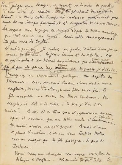 COCTEAU (Jean) CONFÉRENCE SUR ERIK SATIE. MANUSCRIT AUTOGRAPHE SIGNÉ, [1921], 14...