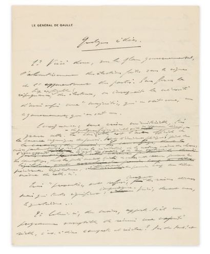 DE GAULLE (Charles) QUELQUES IDÉES. BROUILLON MANUSCRIT AUTOGRAPHE, [1953], 5 pages...