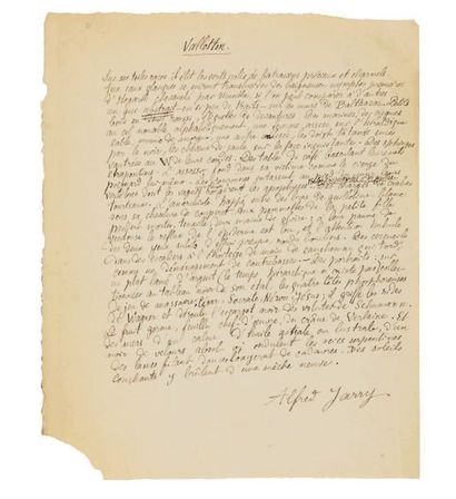 JARRY (Alfred) VALLOTTON. MANUSCRIT AUTOGRAPHE SIGNÉ, [1894 ?], 1 page in-4 (157...