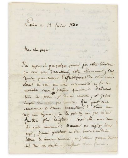 BERLIOZ (Hector) LETTRE AUTOGRAPHE SIGNÉE À SON PÈRE, datée Paris ce 19 février 1830,...