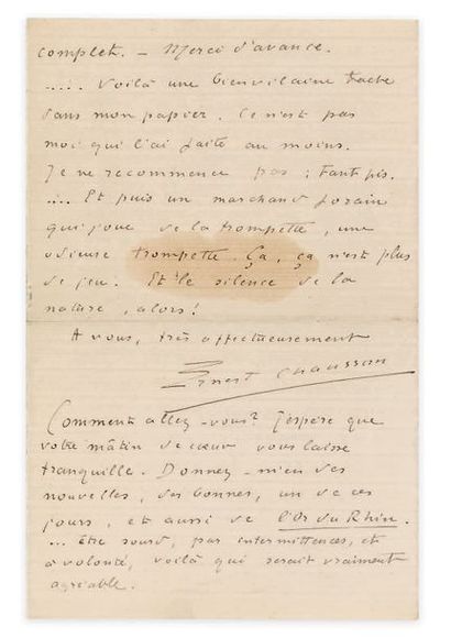 CHAUSSON (Ernest) LETTRE AUTOGRAPHE SIGNÉE À CLAUDE DEBUSSY, datée Luzancy, jeudi...