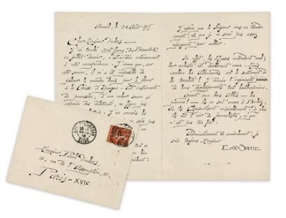 SATIE (Erik) LETTRE AUTOGRAPHE SIGNÉE À PAUL DUKAS, datée Arcueil, le 24 Août 1915,...