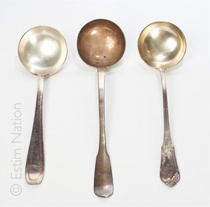 LOUCHES Set of three silver plated metal ladles including a uniplat model with Charles...