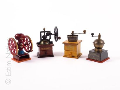 MOULINS A CAFE Collection including four miniature coffee grinders in wood, metal,...