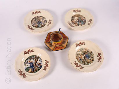 FAIENCE - THEME NORMANDIE Set of regional polychrome earthenware including: 
- Cup...