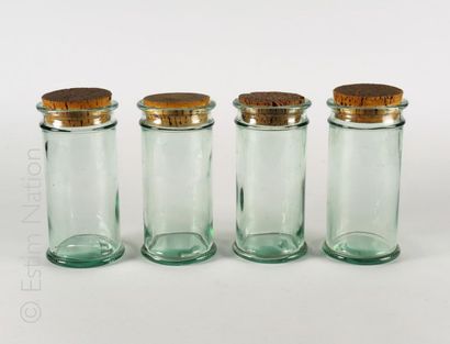 VERRERIES Set of 4 glass spice jars with cork stoppers and 6 bottles, two of which...