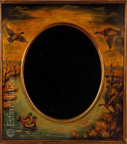 MIROIR PEINT Rectangular wooden mirror with duck painted decoration and an oval mirror...