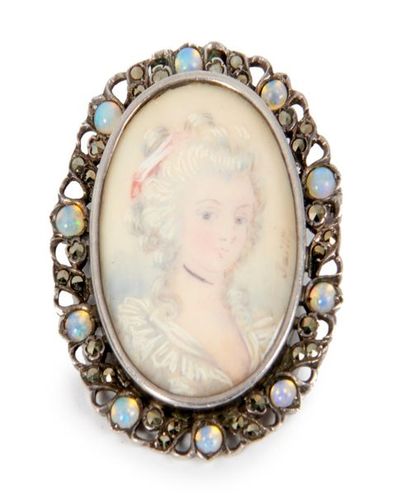 MINIATURE Oval pendant forming a filigree silver brooch decorated with cabochons...