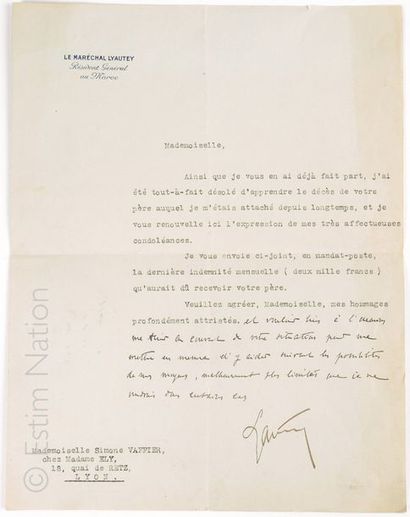 Maréchal LYAUTEY Hubert LYAUTEY (1854-1934)

Lettre tapuscrite et manuscrite autographe...