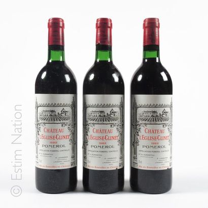 BORDEAUX 3 bouteilles CHATEAU L'EGLISE CLINET 1982 Pomerol 
(niveaux : 2 très léger...