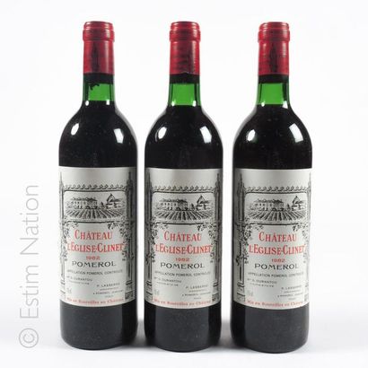 BORDEAUX 3 bouteilles CHATEAU L'EGLISE CLINET 1982 Pomerol 
(niveaux : 2 très léger...