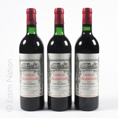 BORDEAUX 3 bouteilles CHATEAU L'EGLISE CLINET 1982 Pomerol 
(niveaux : 1 très léger...