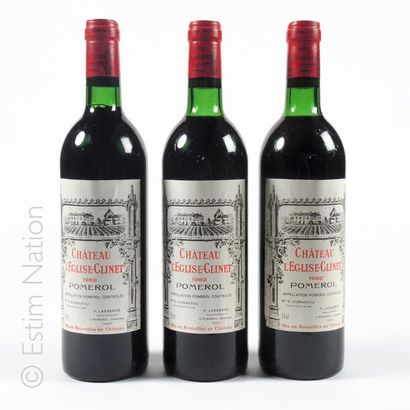 BORDEAUX 3 bouteilles CHATEAU L'EGLISE CLINET 1982 Pomerol 
(niveaux 2 très léger...