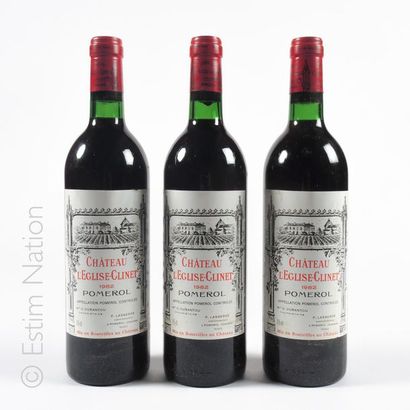 BORDEAUX 3 bouteilles CHATEAU L'EGLISE CLINET 1982 Pomerol 
(étiquettes fanées, léger...