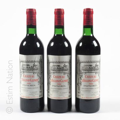 BORDEAUX 3 bouteilles CHATEAU L'EGLISE CLINET 1982 Pomerol 
(niveau 1 très léger...