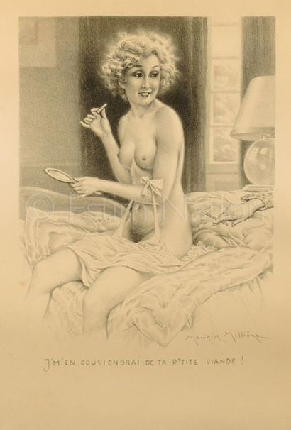 MILLIERE Maurice (d'après) "Young woman sitting on a bed" black 
print with the caption...