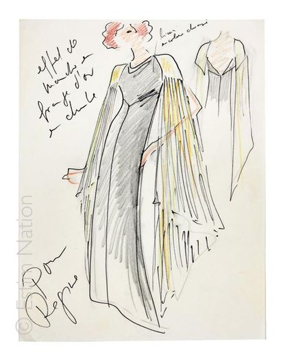 LAGERFELD Karl 5 dessins et croquis originaux de mode haute Couture, dessinés par...