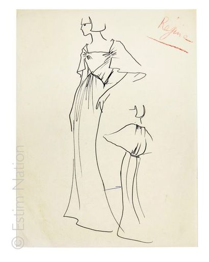 LAGERFELD Karl 5 dessins et croquis originaux de mode haute Couture, dessinés par...