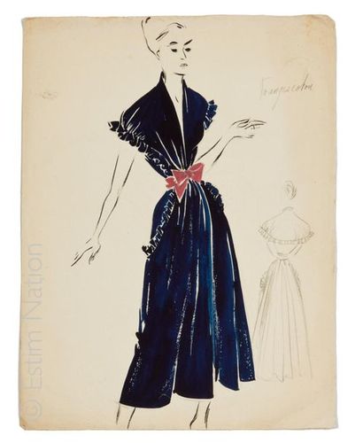 LAGERFELD Karl 5 dessins et croquis originaux de mode haute Couture, dessinés par...