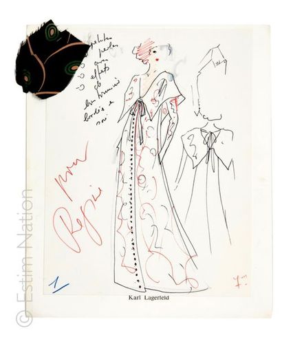 LAGERFELD Karl 4 dessins et croquis originaux de mode haute Couture, dessinés par...
