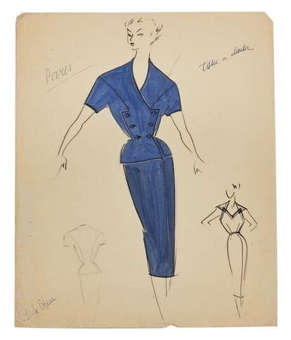LAGERFELD Karl 4 dessins et croquis originaux de mode haute Couture, dessinés par...