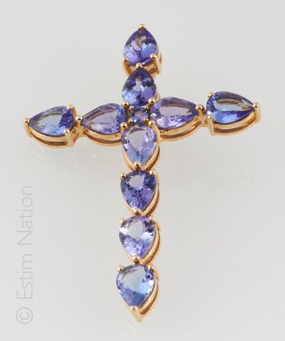 CROIX TANZANITES Pendant in the shape of a cross in 9K gold (375/°°) enhanced with...