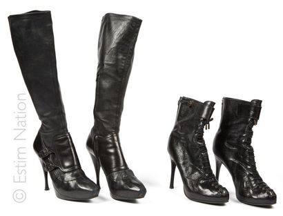 CELINE, SERGIO ROSSI PAIR OF BOOTS in black stretch lambskin with two buckles (P...