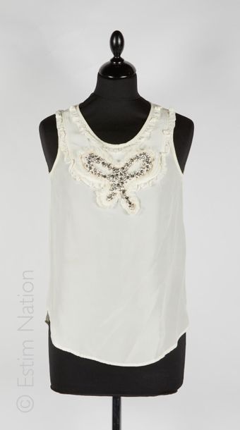 SANDRO, JOHANNA, MAJE THREE TOPS, the first one in ivory silk embroidered with a...