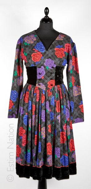 DAVID MOLHO vintage, ANONYME vintage circa 1983 ROBE en laine et coton imprimée de...