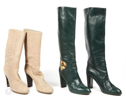 Sergio ROSSI TWO PAIRS OF BOOTS: the first in bottle green leather, metal element...