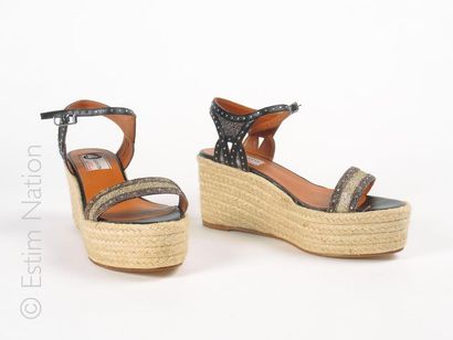 LANVIN Pair of wedge sandals in studded leather and lurex silver and diré, espadrille...