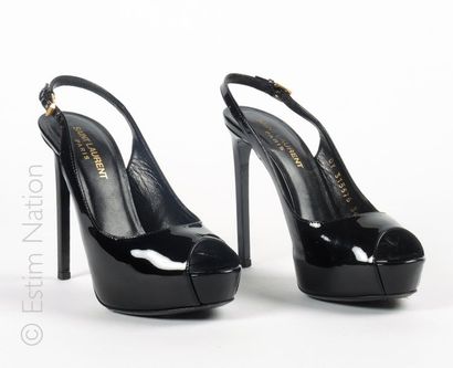 Yves Saint LAURENT Pair of black patent leather sandals with open heels and toes...