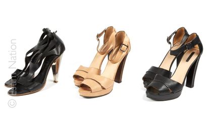 GIUSEPPE ZANOTTI, LONGCHAMP Pair of black leather sandals with chrome heels (P 40)...