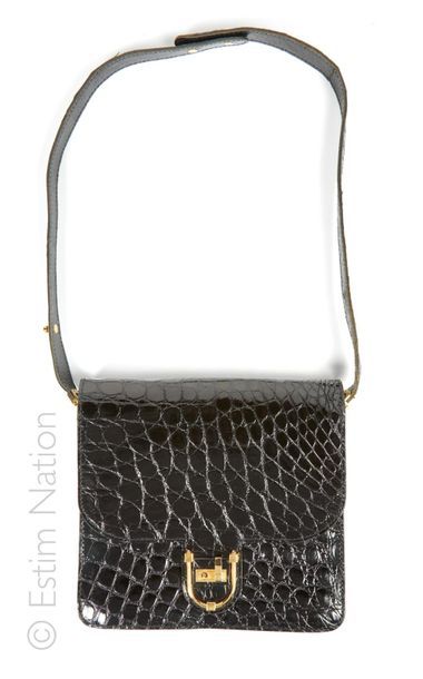 ANONYME CIRCA 1970, JEAN PAX BAG with flap with two gussets in black glossy crocodile...