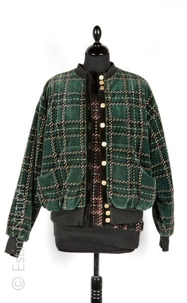 SONIA RYKIEL VINTAGE JACKET in cotton velvet with a grid pattern on a green background...