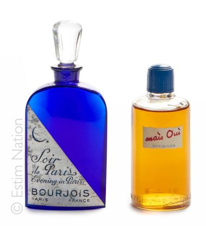 Bourjois Set of 2 bottles: an empty "Soir de Paris" bottle, in blue glass, entitled...