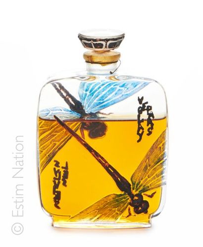 VIOLET LUCIEN GAILLARD "Les Sylvies" Glass perfume bottle, square cut, rounded shoulders...