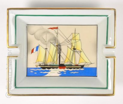 HERMES Paris ASHTRAY in Limoges porcelain hand painted from a sailing ship (16 x...