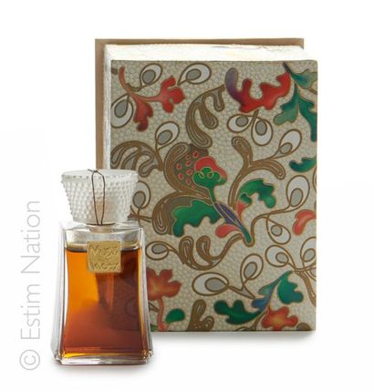 COTY "Muse" Glass perfume bottle, trapezoidal cut. Label gilded and titled "Muse...